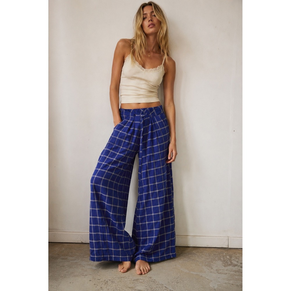 Free People Dance At Dusk Wide Leg Pants Windowpane Plaid Navy Blue XS Samurai